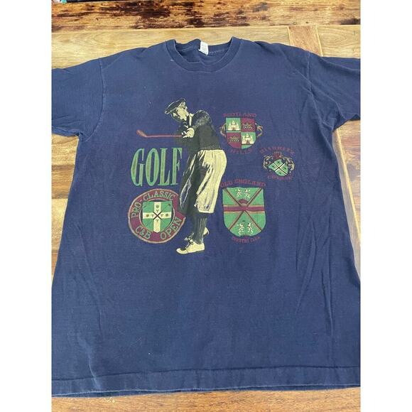 Vintage single stitch Fruit Of The Loom Men's Blue Golf Crew Neck Shirt Size XL - Picture 1 of 4